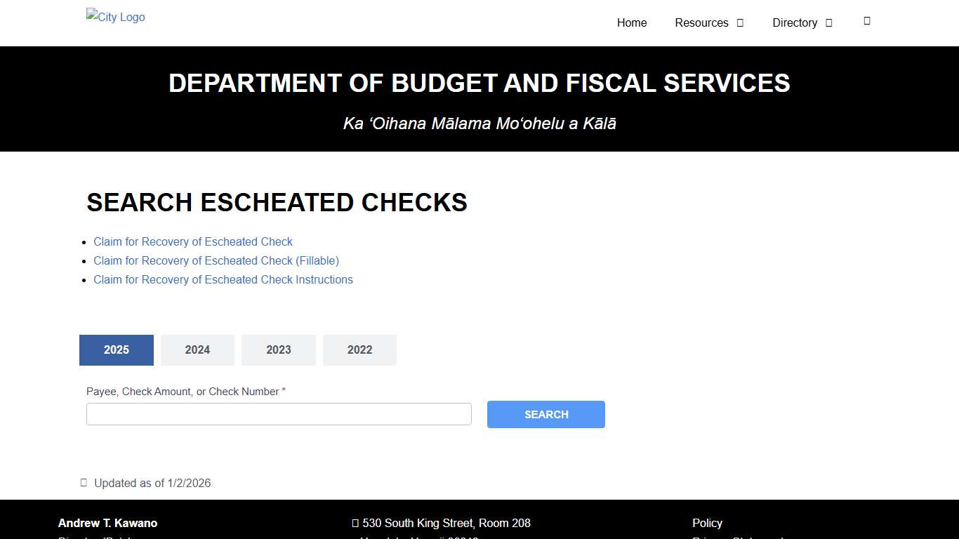 Escheated Checks | Department of Budget and Fiscal Services