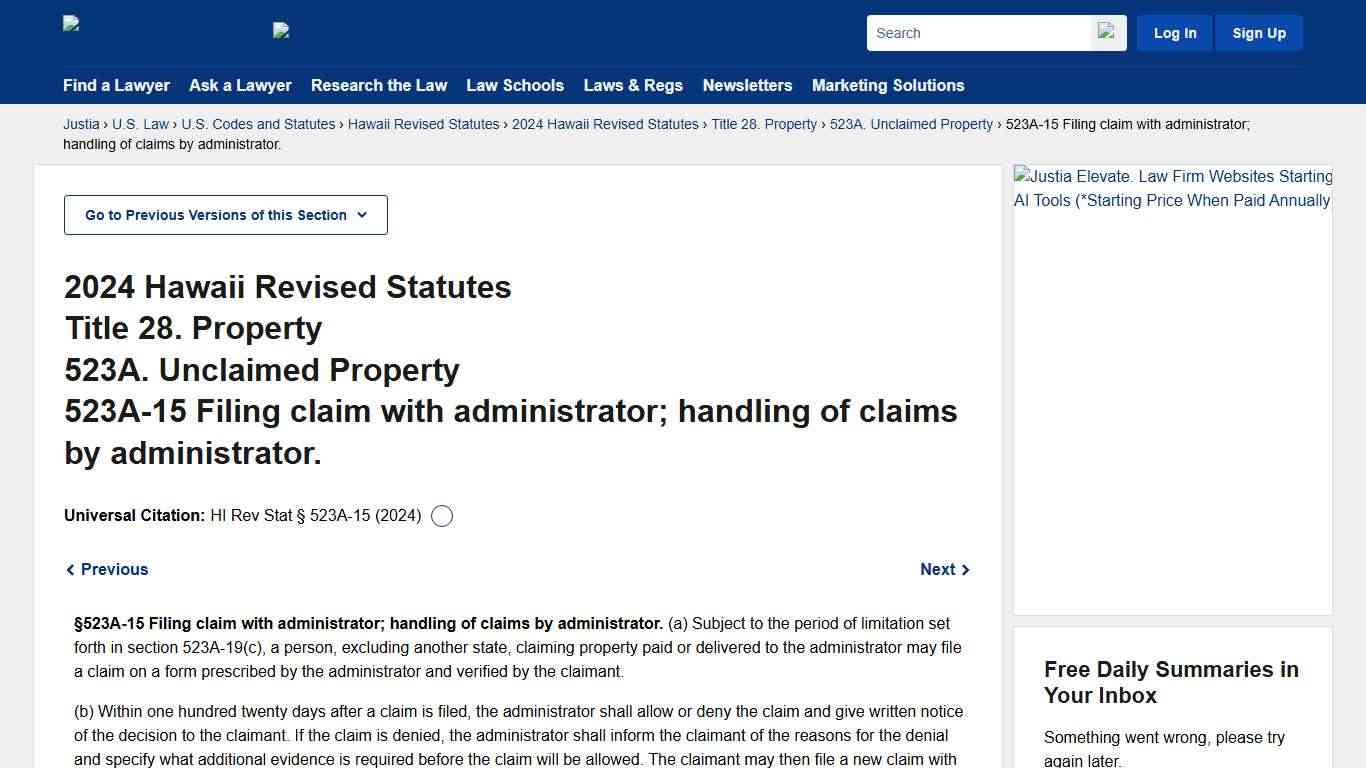 Hawaii Revised Statutes § 523A-15 (2024) - Filing claim with administrator; handling of claims by administrator. :: 2024 Hawaii Revised Statutes :: U.S. Codes and Statutes :: U.S. Law :: Justia
