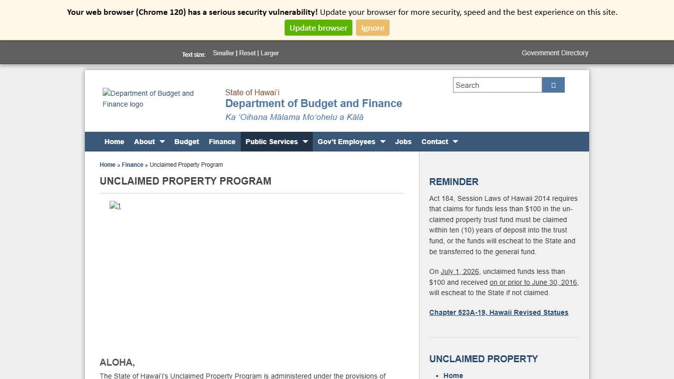 Department of Budget and Finance | Unclaimed Property Program