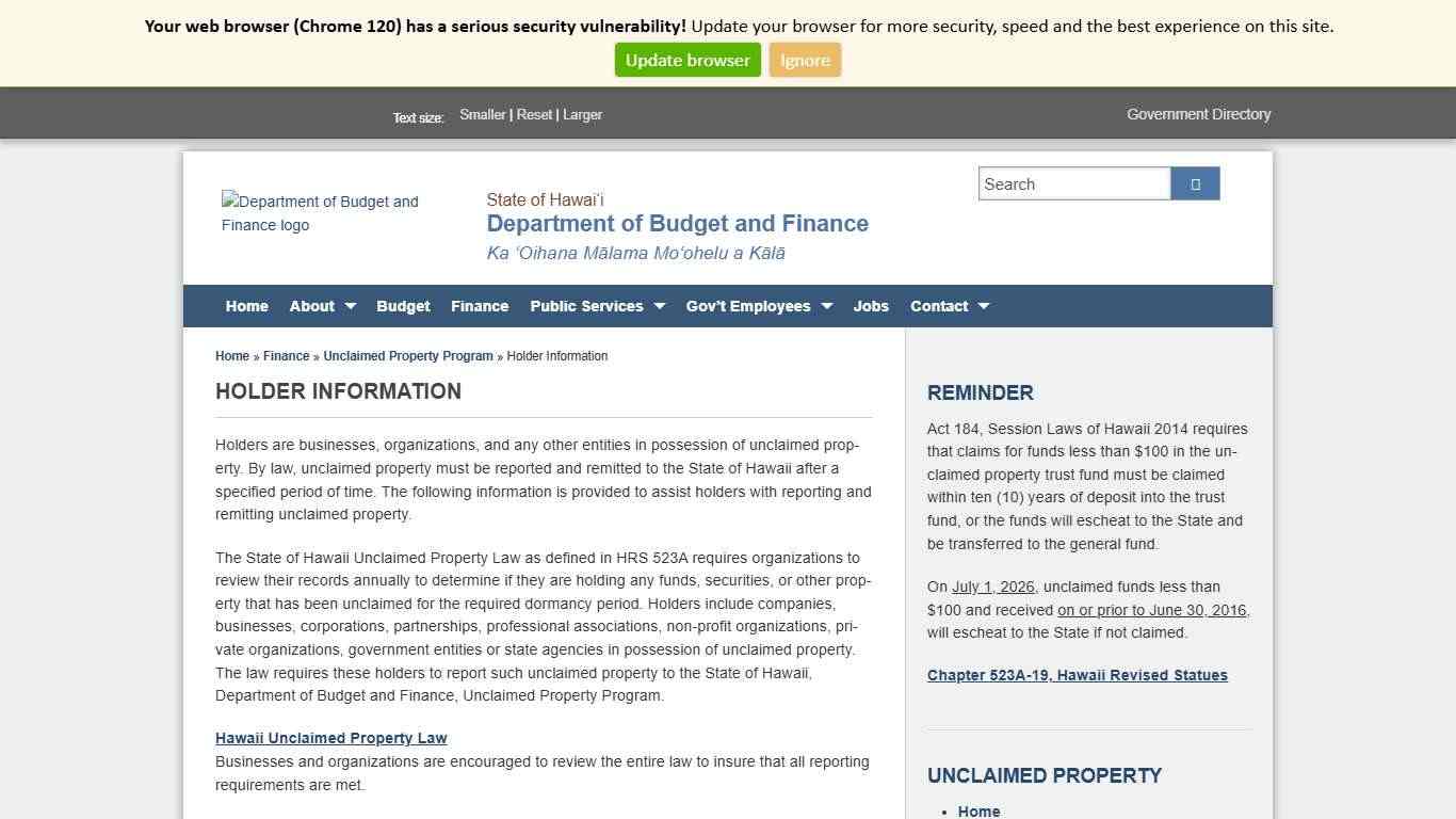 Department of Budget and Finance | Holder Information